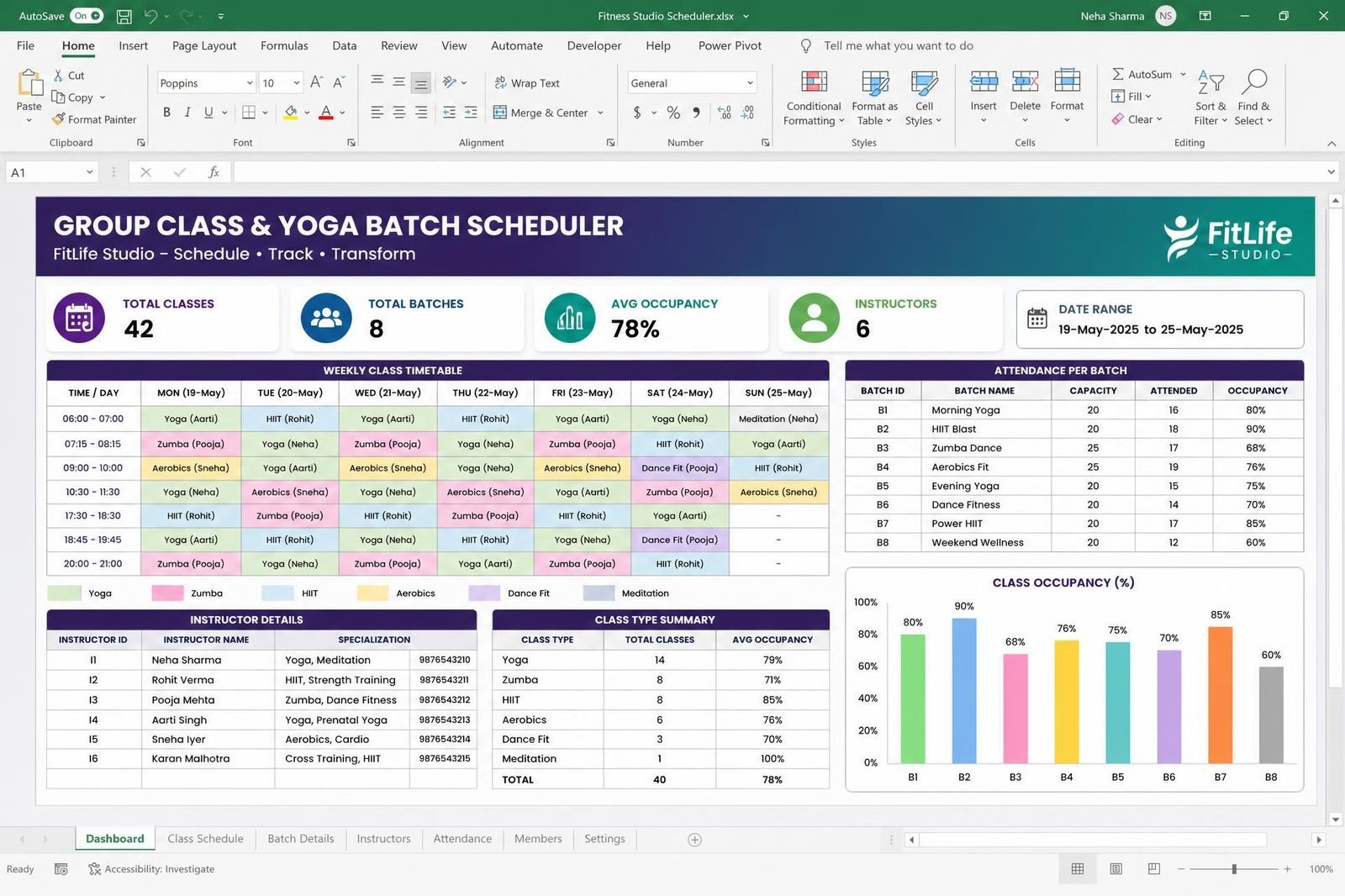Group Class & Yoga Batch Scheduler — spreadsheet dashboard preview