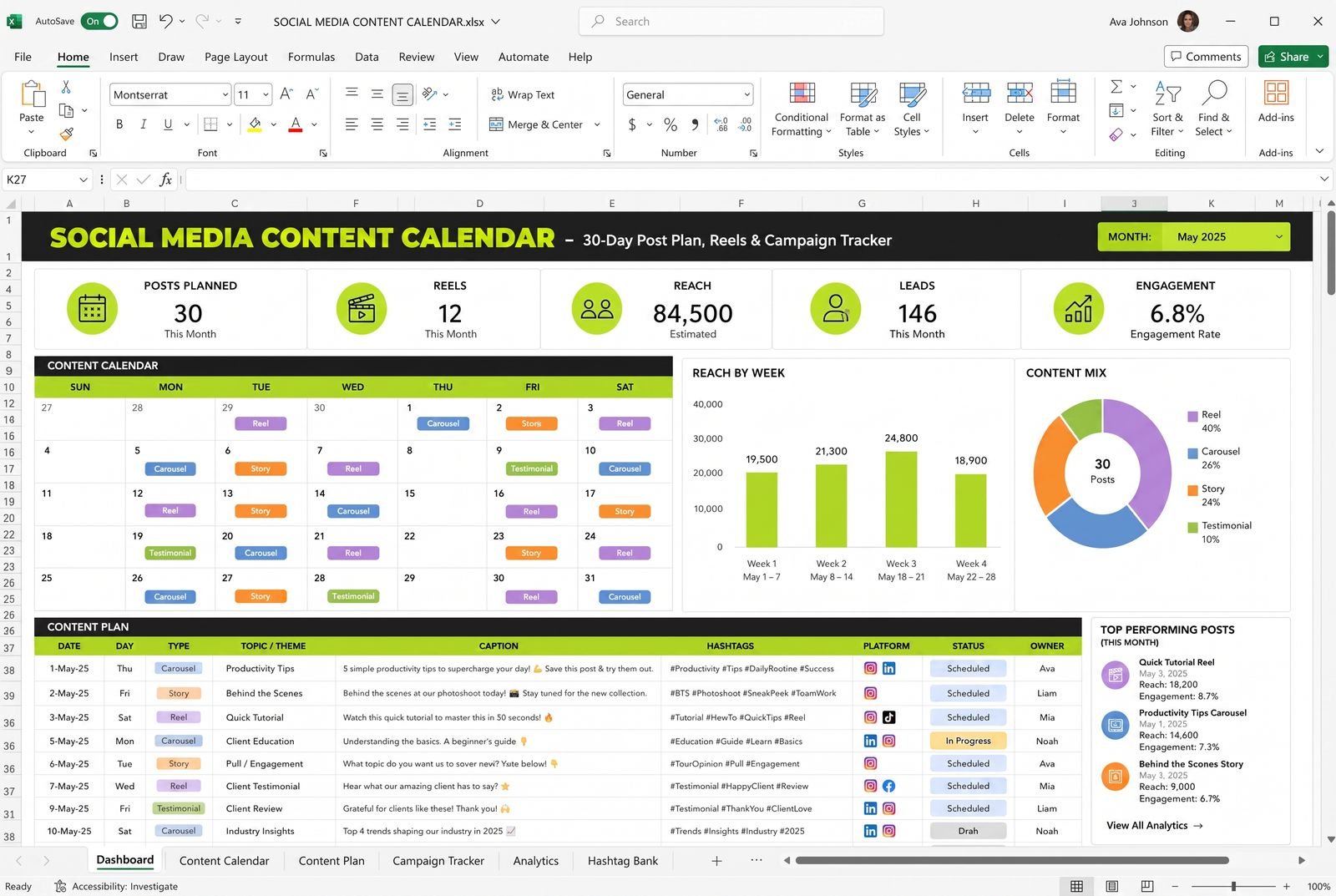 Social Media Content Calendar — spreadsheet dashboard preview