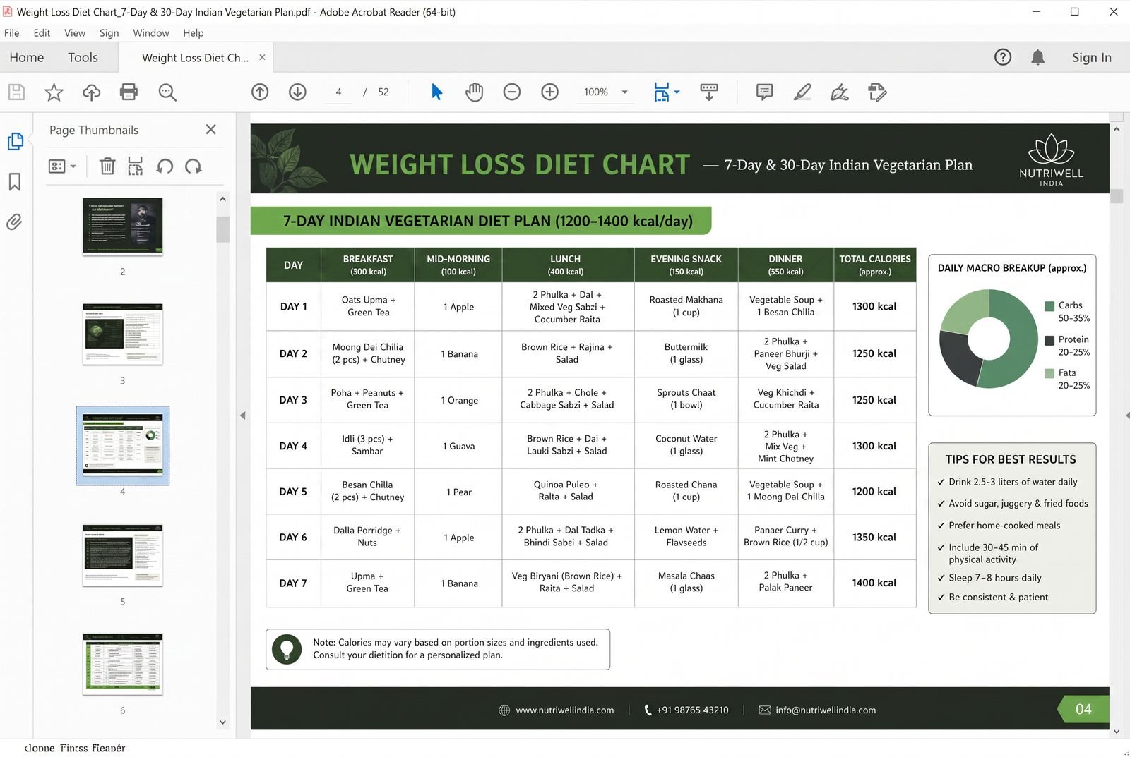 Weight Loss Diet Chart (PDF) — spreadsheet dashboard preview