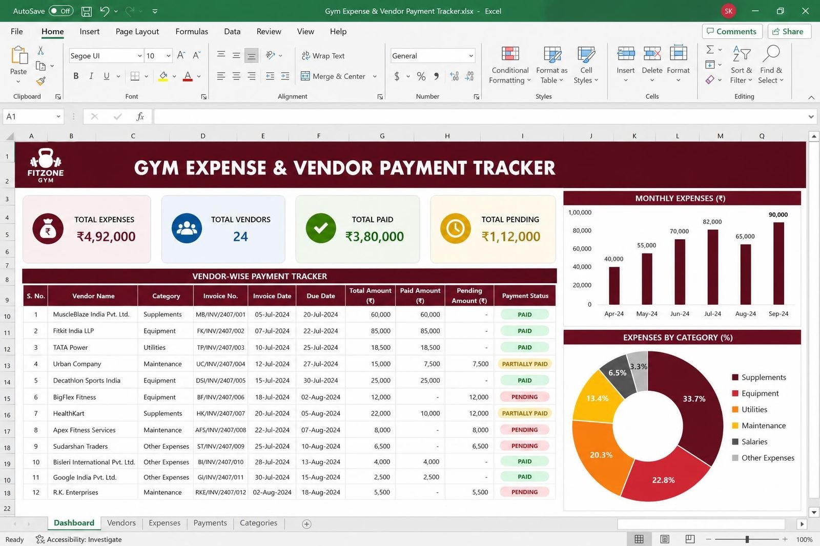 Gym Expense & Vendor Payment Tracker — spreadsheet dashboard preview