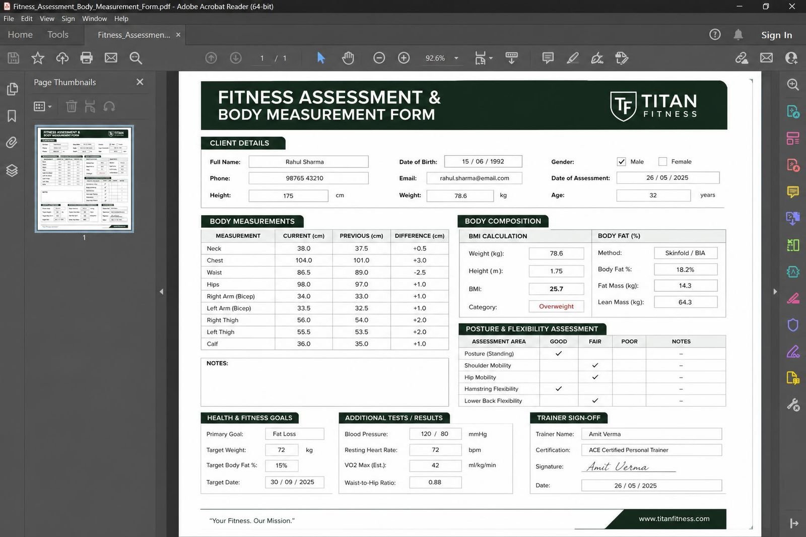 Fitness Assessment & Measurement Form (PDF) — spreadsheet dashboard preview