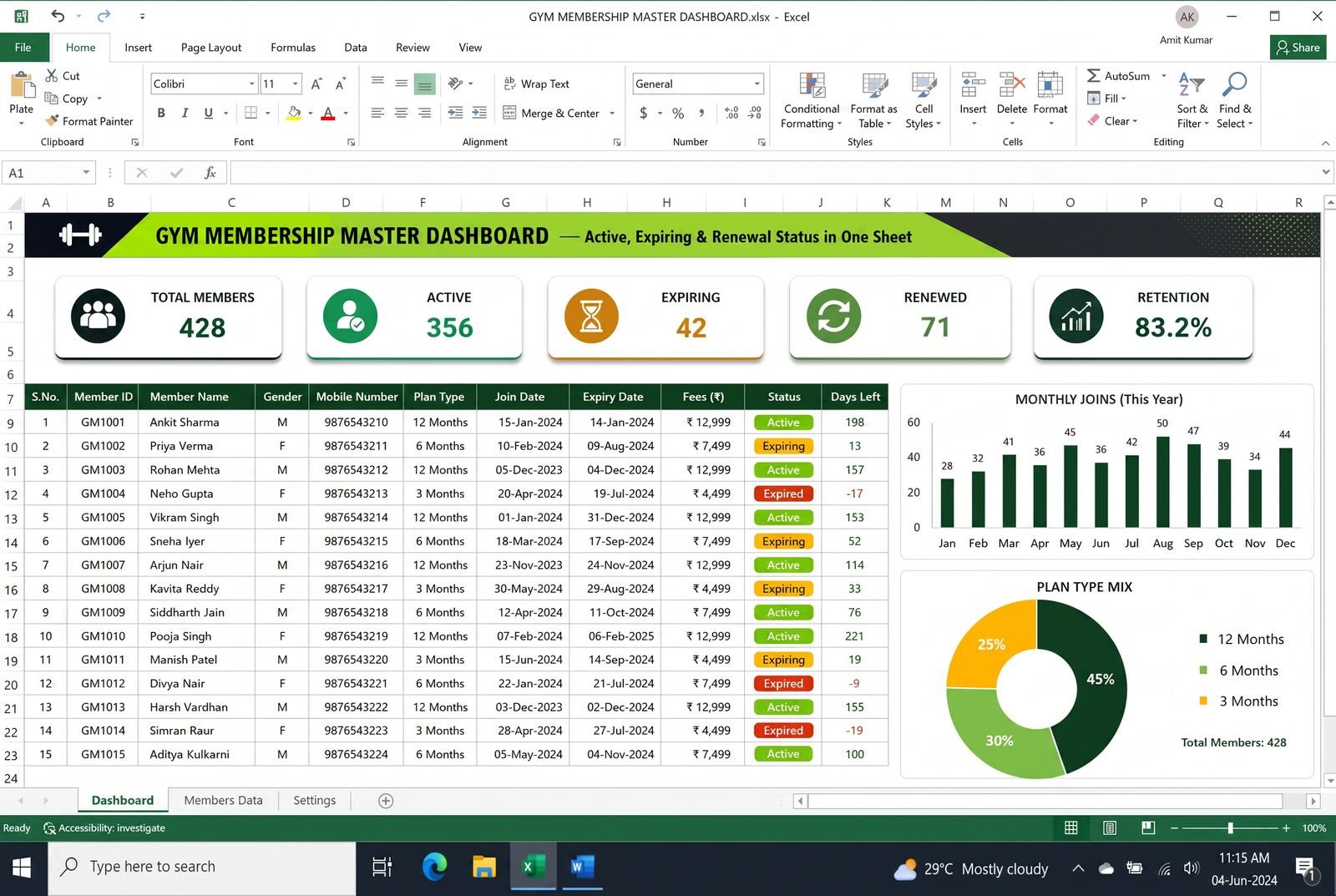 Membership Master Dashboard — spreadsheet dashboard preview