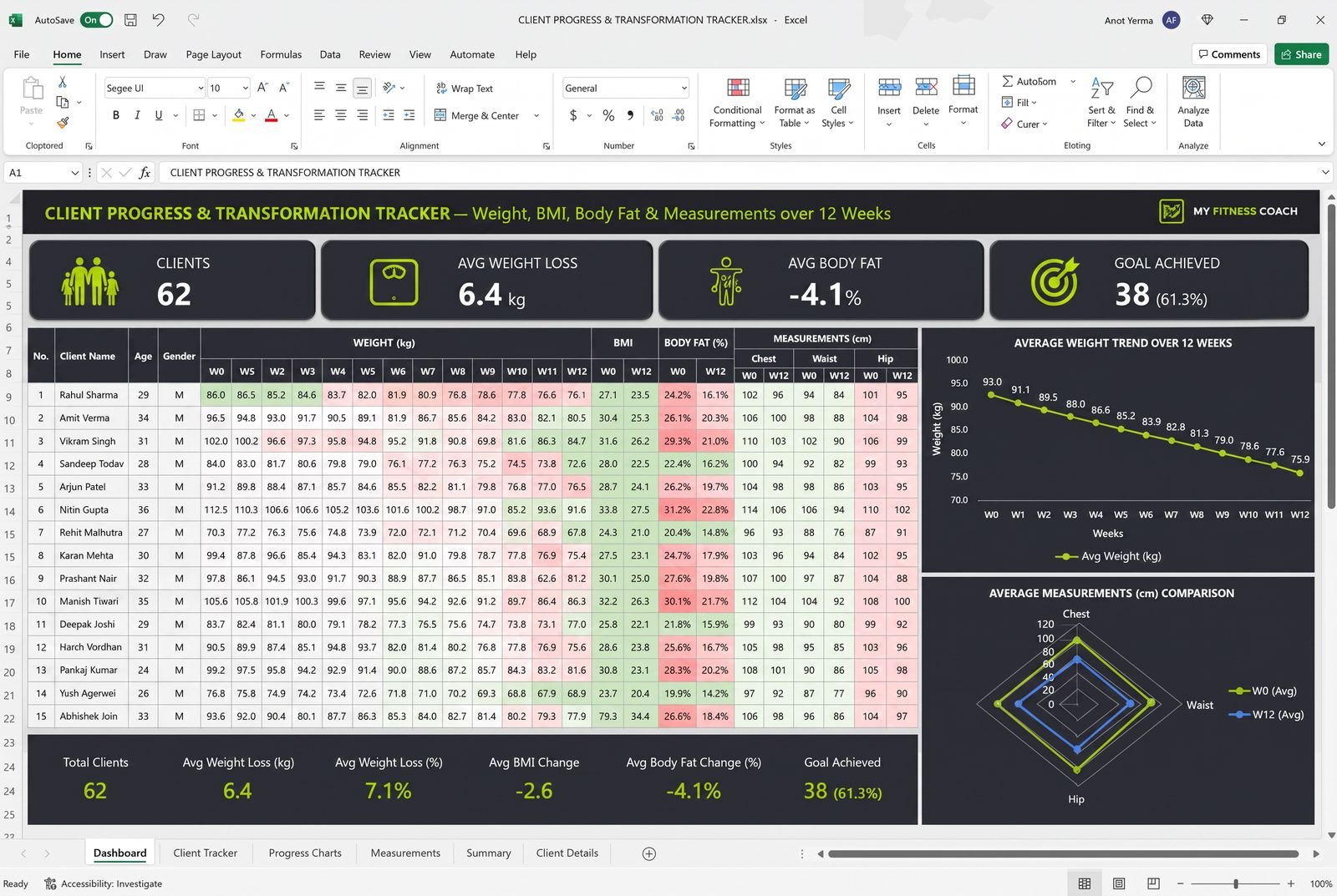 Progress & Transformation Tracker — spreadsheet dashboard preview