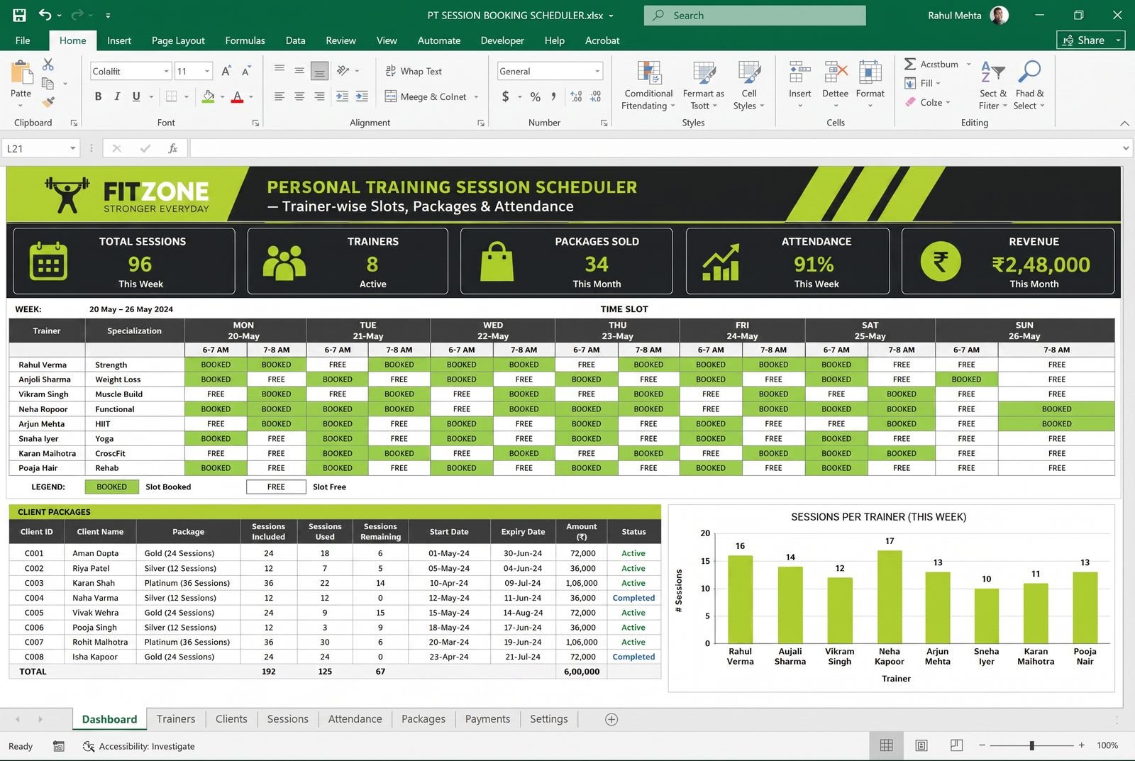 PT Session Booking Scheduler — spreadsheet dashboard preview
