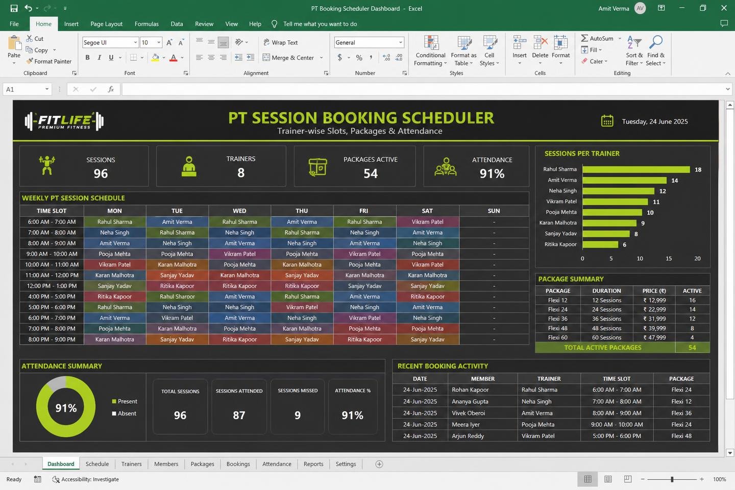PT Session Booking Scheduler — spreadsheet dashboard preview