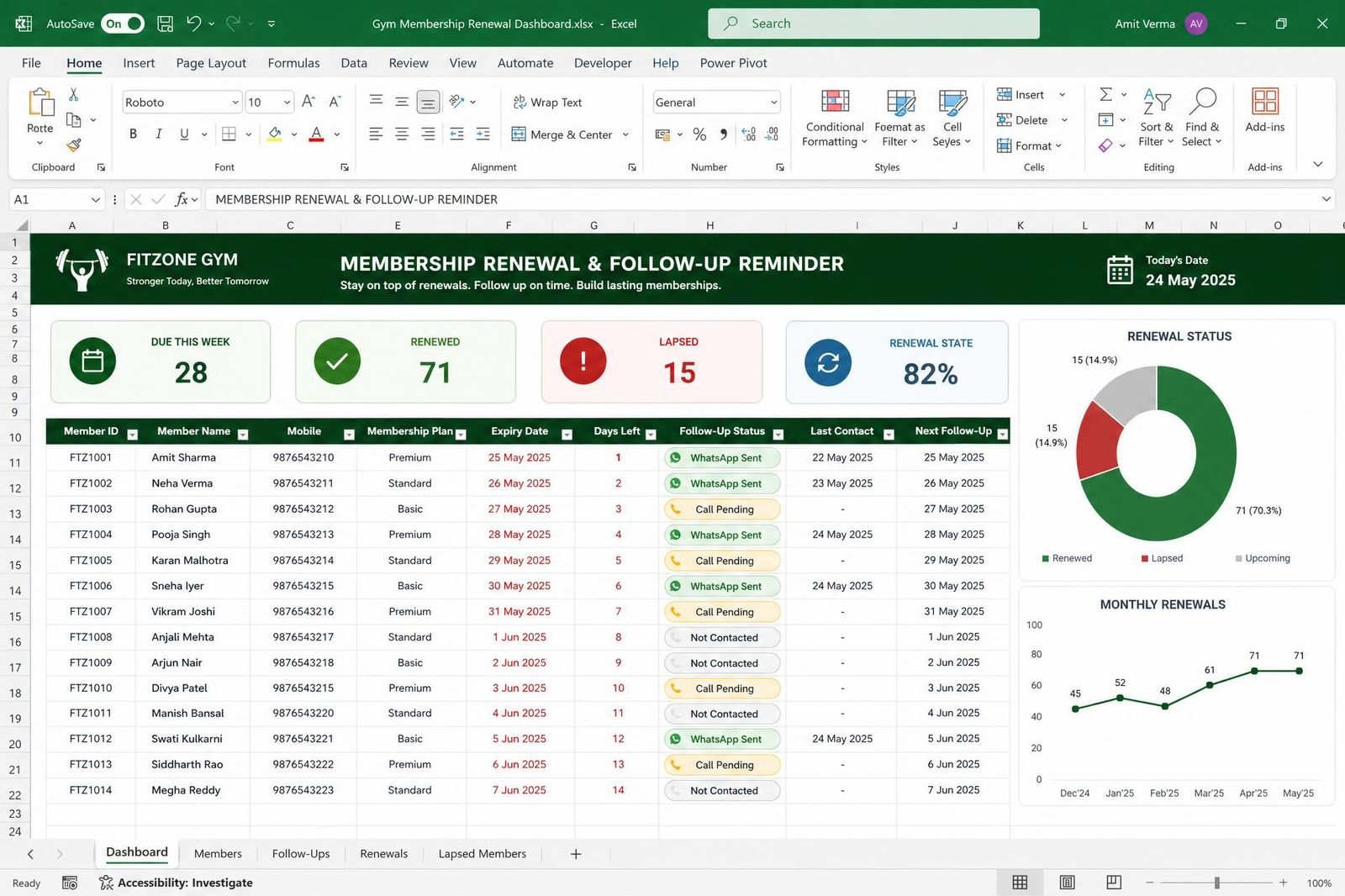 Membership Renewal & Follow-up Reminder — spreadsheet dashboard preview