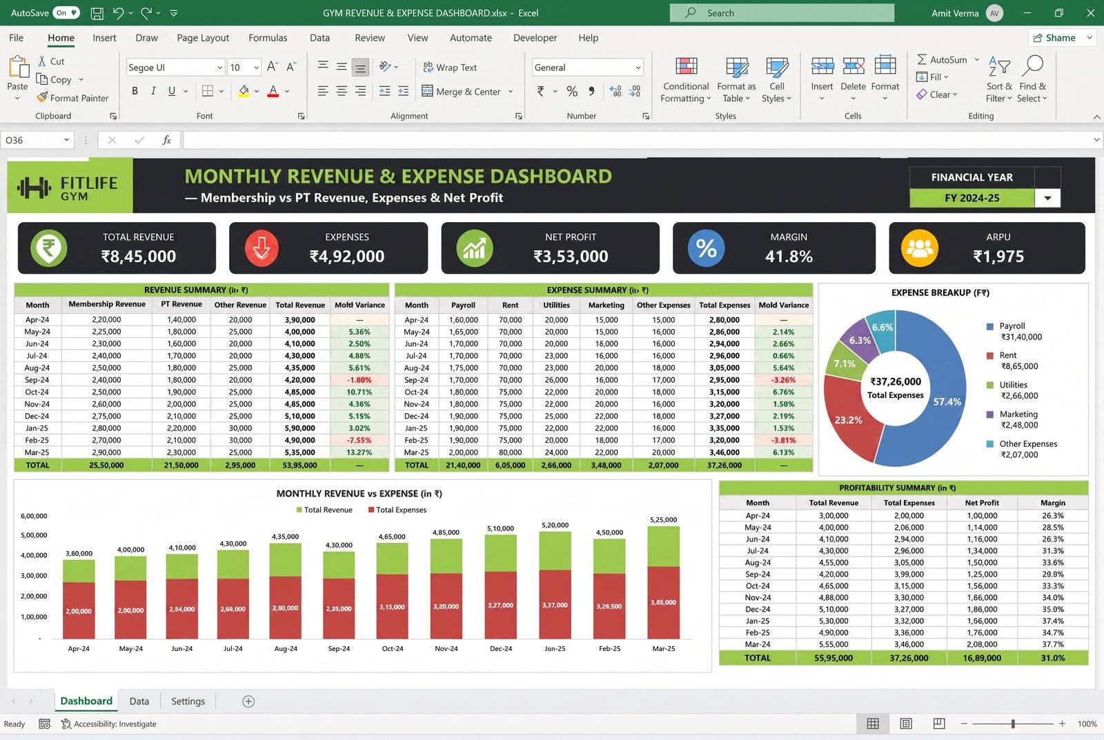 Monthly Revenue & Expense Dashboard — spreadsheet dashboard preview
