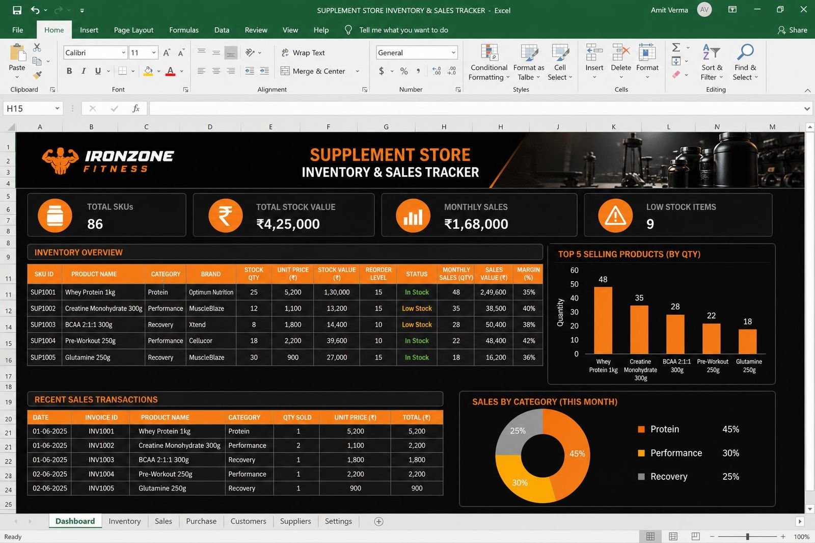 Supplement Store Inventory & Sales Tracker — spreadsheet dashboard preview