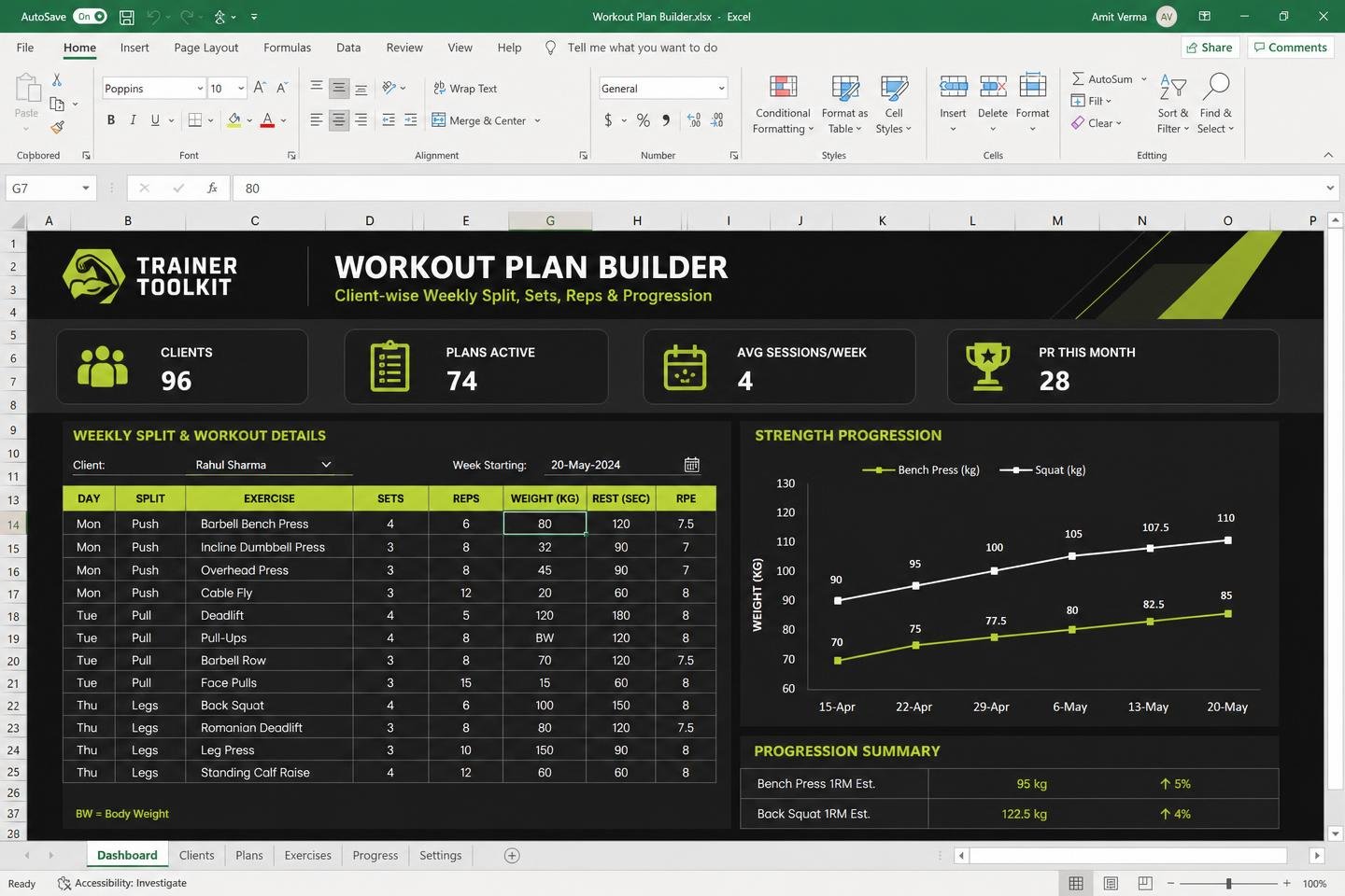 Workout Plan Builder — spreadsheet dashboard preview