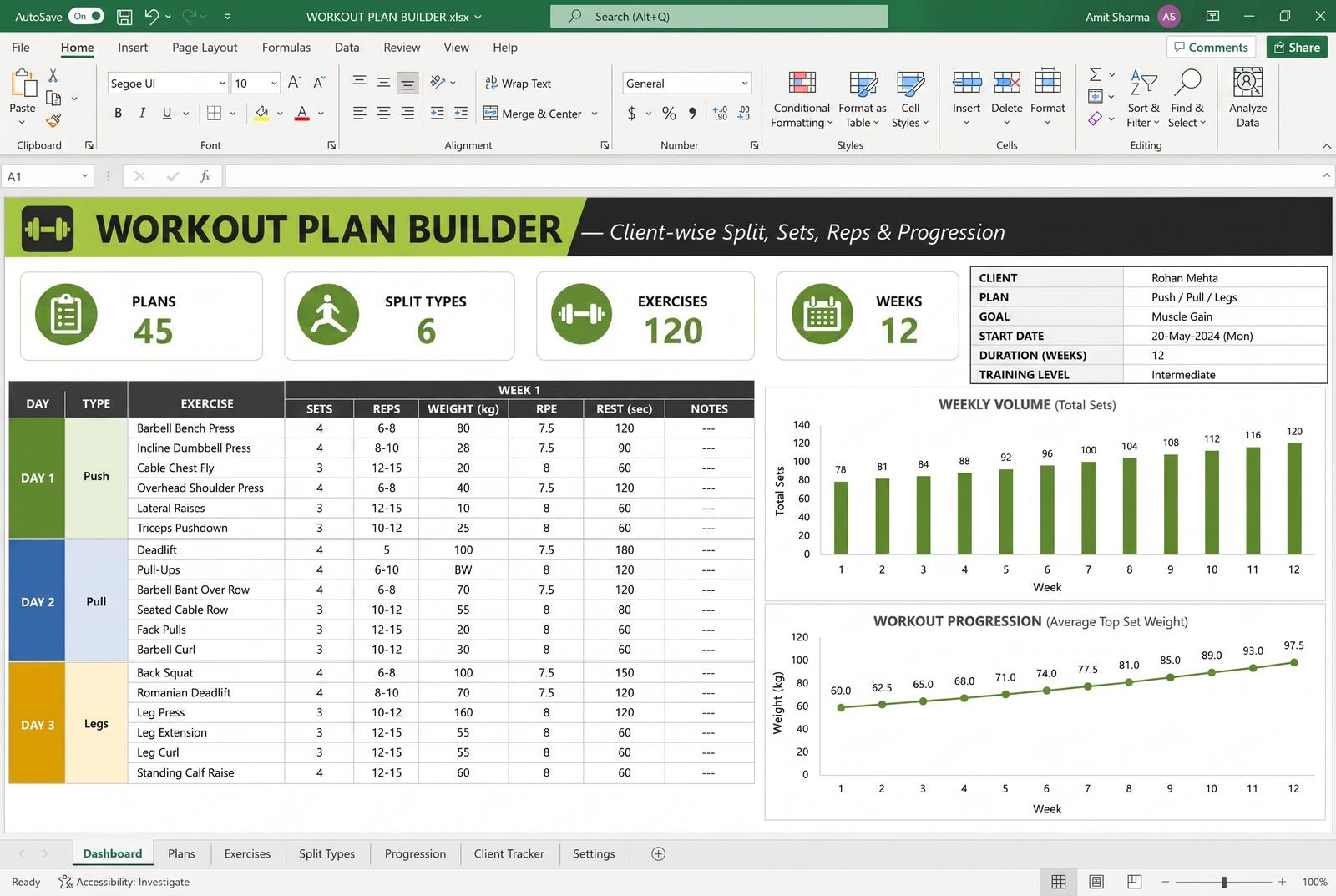 Workout Plan Builder — spreadsheet dashboard preview